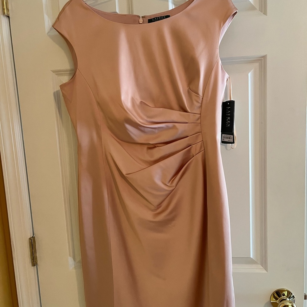 Ralph Lauren Pink Ruched Sheath Midi Dress for Wedding Guest